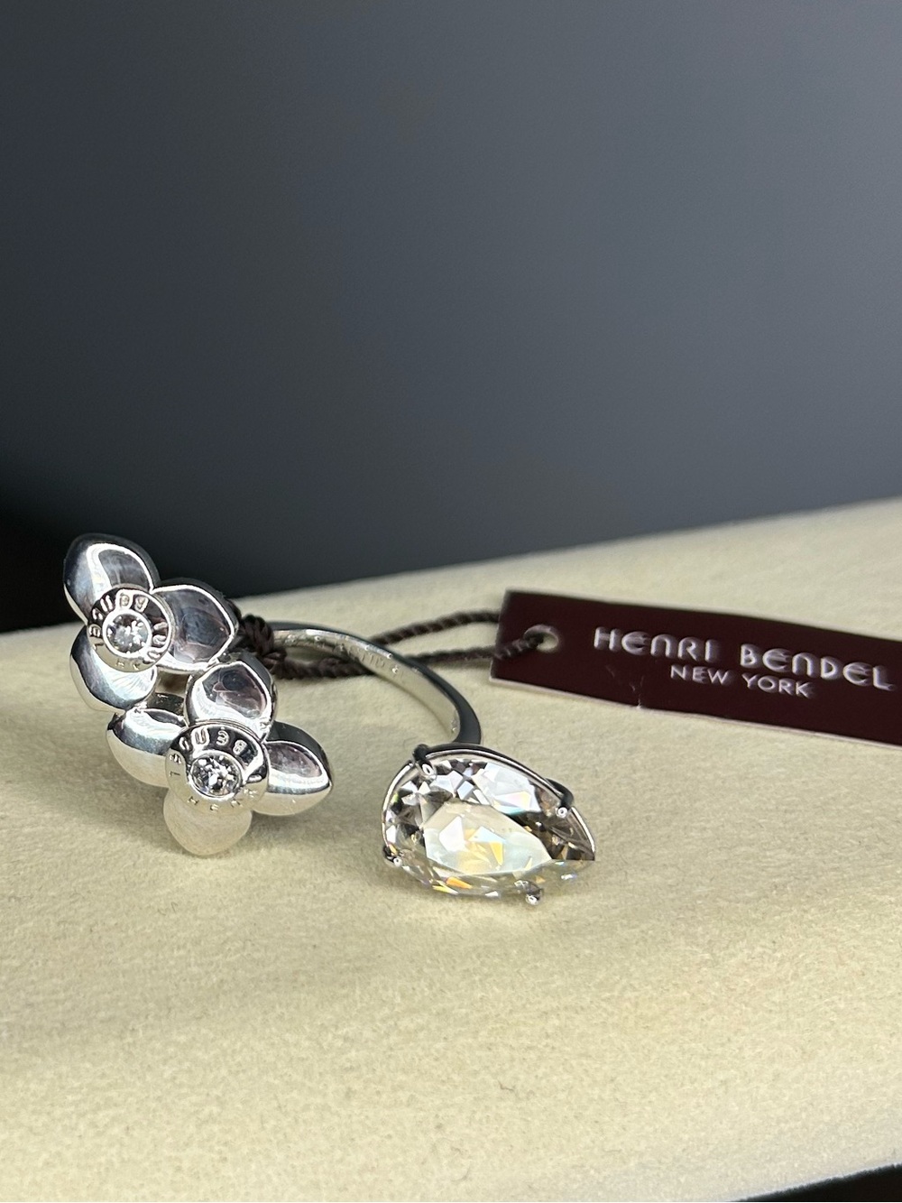 Henri Bendel Secret Garden Open Ring Silver Tone Crystal Flower NWT Sz 7-9